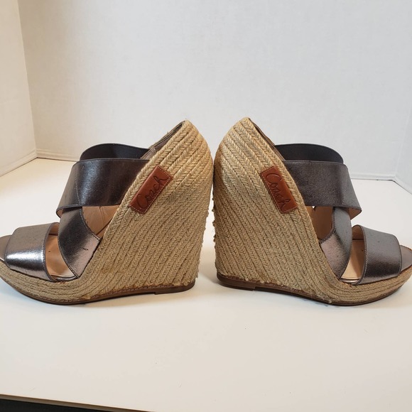 Vintage Coach Silver Pewter Rope Espadrille Platform Wedge Heel Sz 6 Logo - Picture 6 of 10